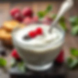 Creamy yogurt in a glass bowl with a spoon