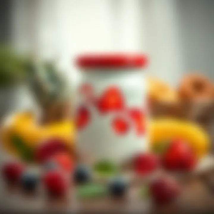 Fresh Yogurt with Fruits Jar of fresh yogurt with fresh fruits on a table
